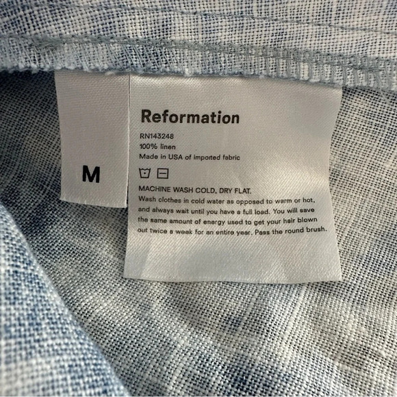 Reformation size Medium 100% Linen Blue Dyed Mini Dress Smocked Western Beachy - Picture 9 of 10